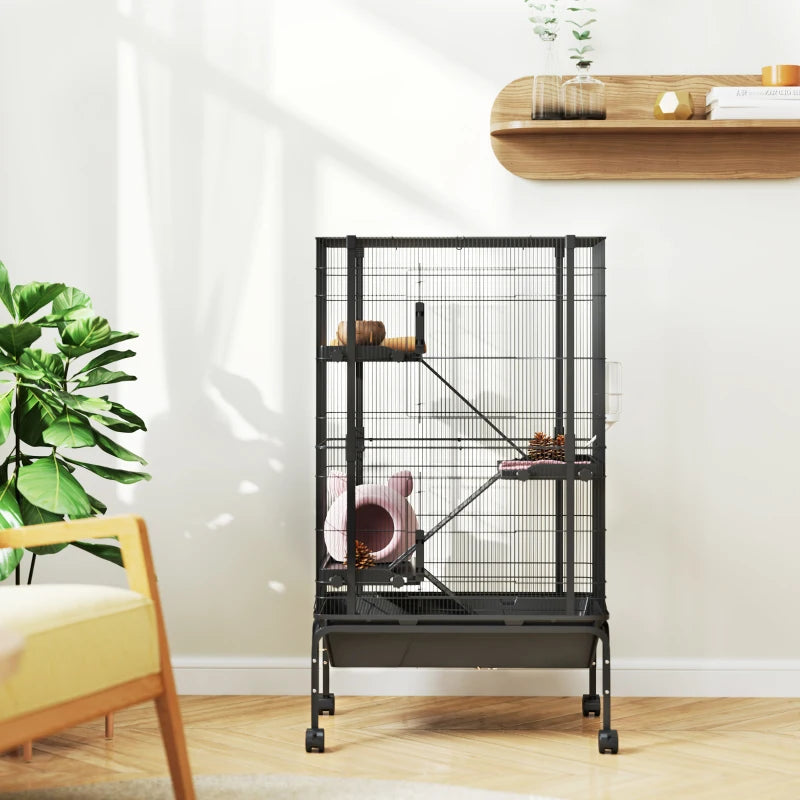 47"H Ferret Cage, Large 4-Tier Guinea Pig Cage with Wheels, Ramps, Bowl, Water Bottle & Removable Tray, Black