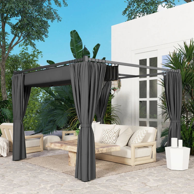 10' x 10' Retractable Pergola Canopy with Sidewalls, Metal Outdoor Gazebo Sun Shade Shelter, Dark Grey