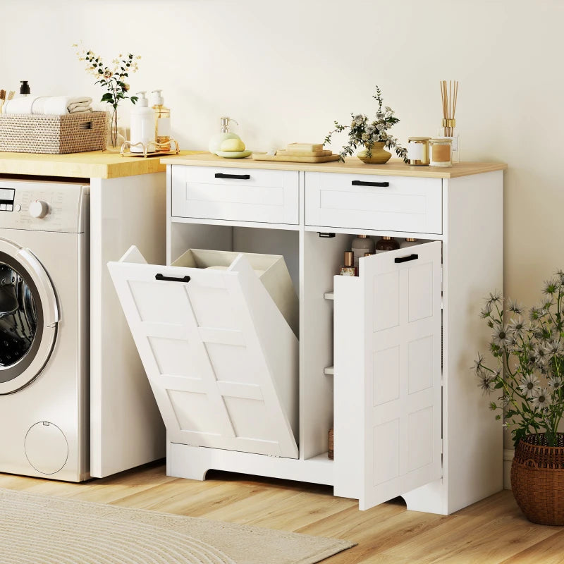 7 Gallon Tilt Out Garbage Cabinet, Kitchen Island with Trash Cabinet, 2 Drawers, Door Racks, Adjustable Shelves, White