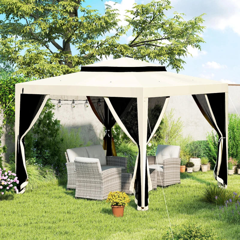 10' x 10' Outdoor Canopy Tent Party Tent with Mesh Netting and Double Tier Roof for Backyard, Garden, Patio, Beige