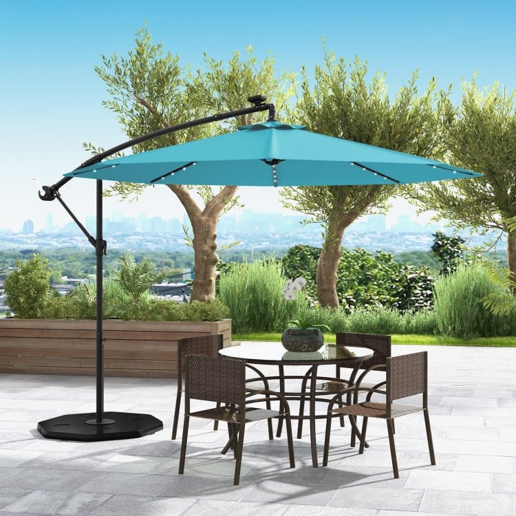 10 Feet Solar LED Offset Umbrella with 40 Lights and Cross Base for Patio-Turquoise