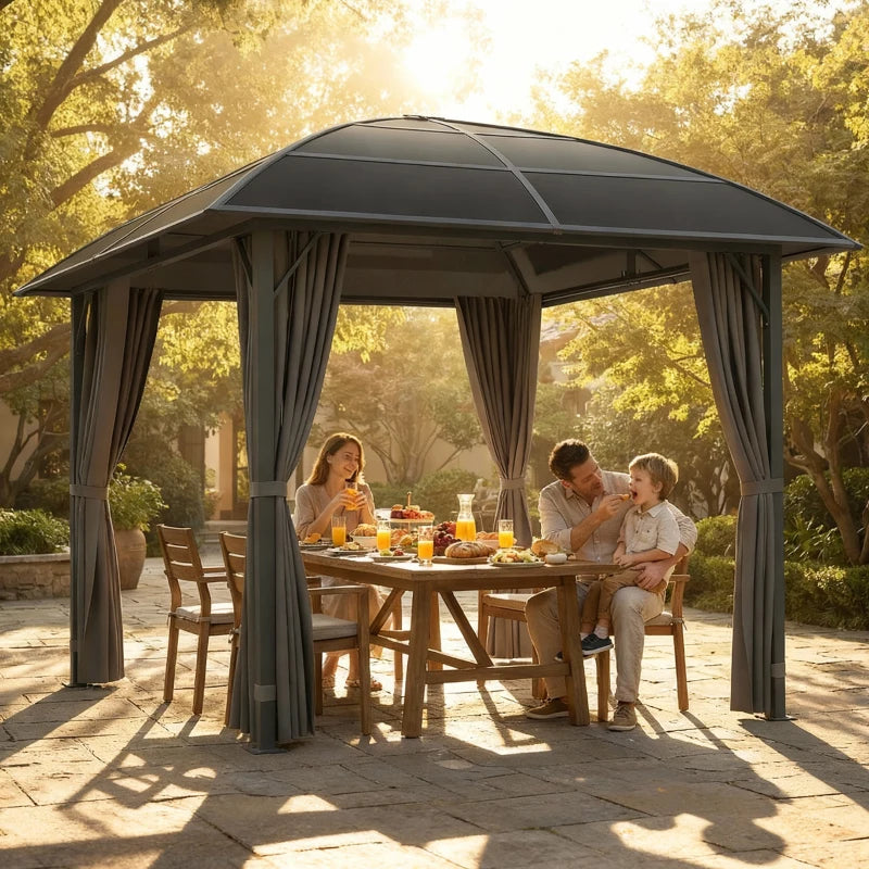 10' x 10' Outdoor Hardtop Gazebo Canopy with UV50+ Polycarbonate Roof, Steel Frame, Central Hook, Curtains, Light Grey