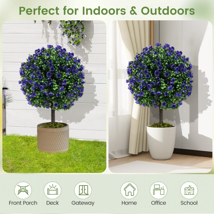 22 Inch Set of 2 Artificial Purple Rose Topiary Ball Trees with Cement-Filled Pot-Purple