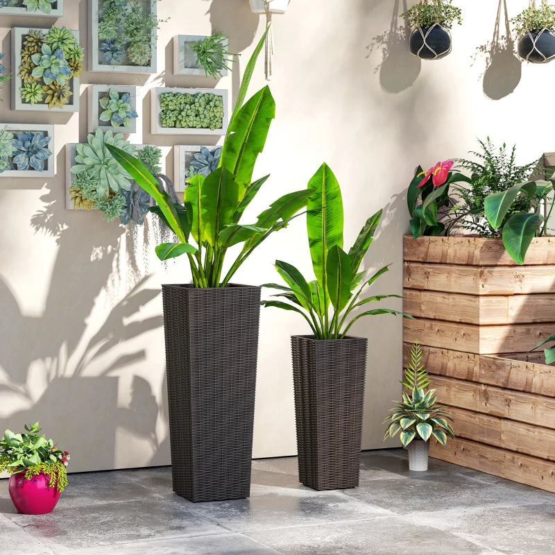Set of 2 Tall Planters for Outdoor Plants with Drainage Holes, Outdoor Flower Pots for Entryway, Patio and Deck