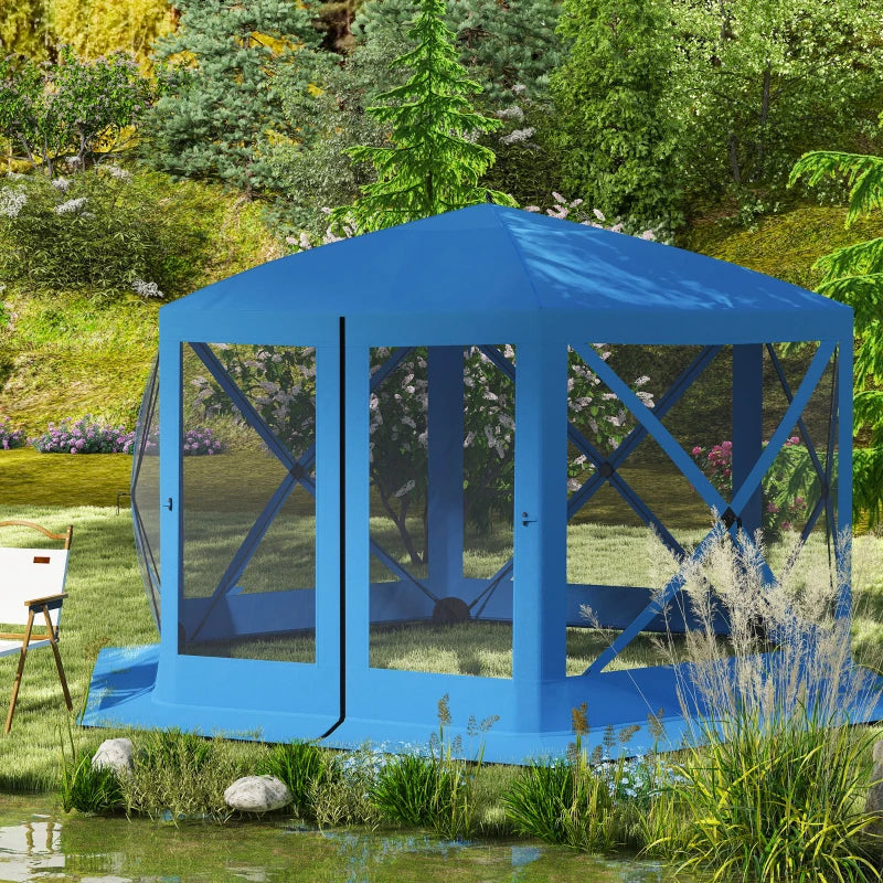 12' x 12' Hexagon Automatic Pop Up Screen Tents, Camping Shelter w/ Mesh Sidewalls and Carry Bag Blue