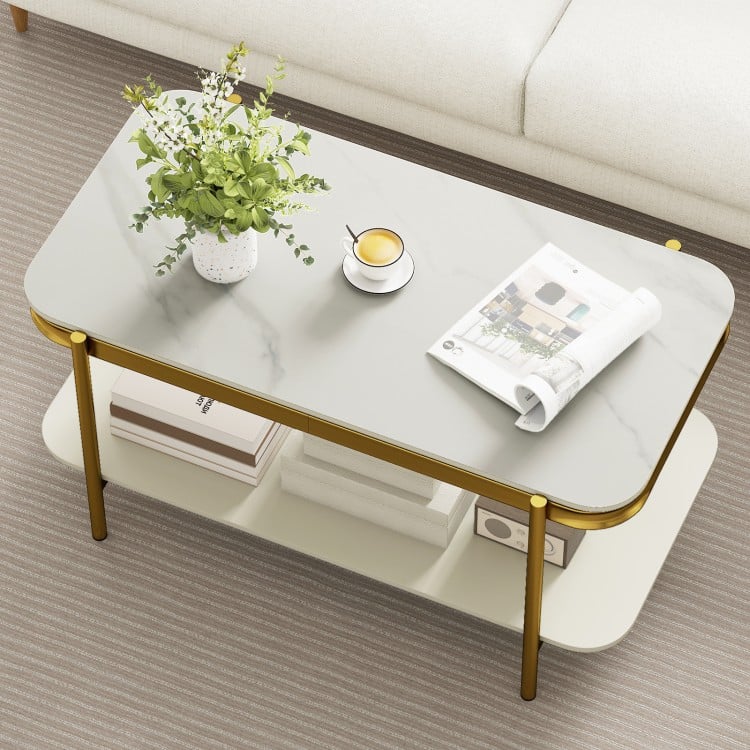 2-Tier Modern Rectangular Coffee Table with Sintered Stone Top-White