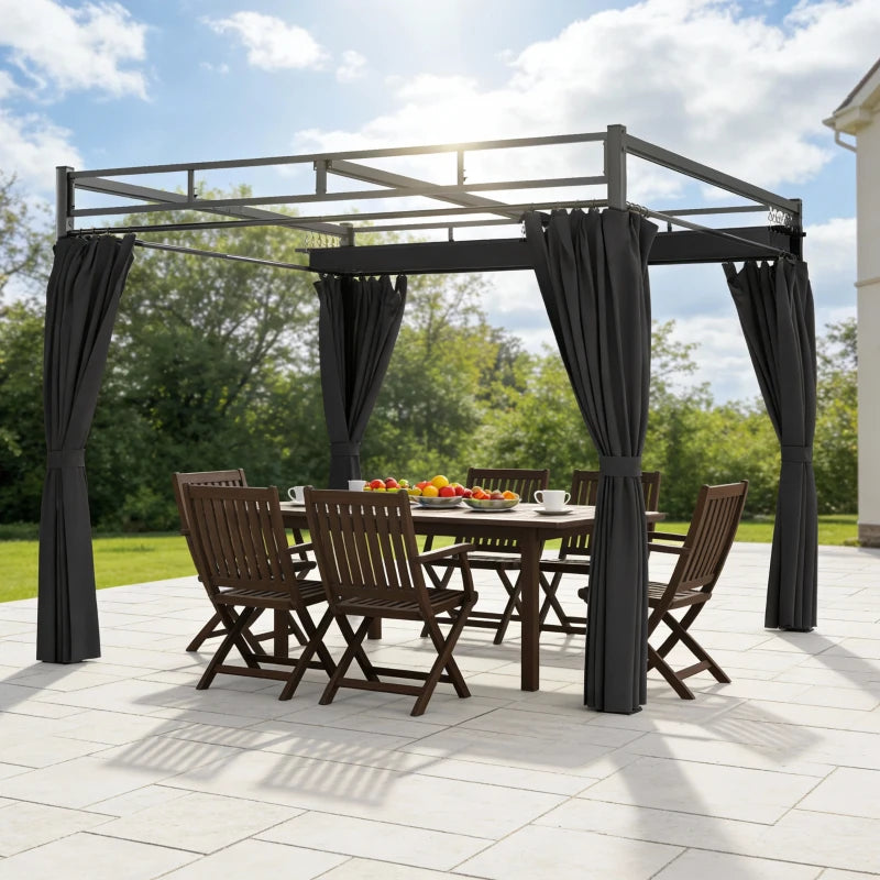 10' x 10' Outdoor Gazebo, Retractable Pergola Canopy with Curtains, UPF30+ Free Standing Metal Pergola Kit, Dark Grey