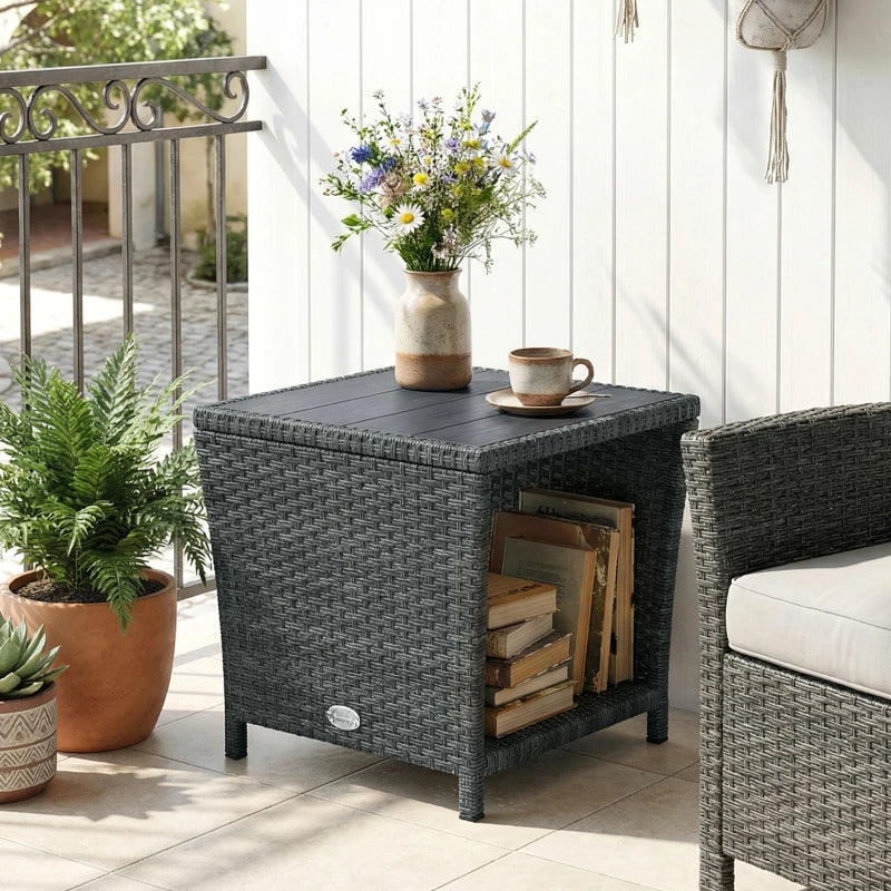 17.7" Wicker Side Table with Storage Shelf, Square PE Rattan Outdoor End Table with PS Wood Slat Top, Grey
