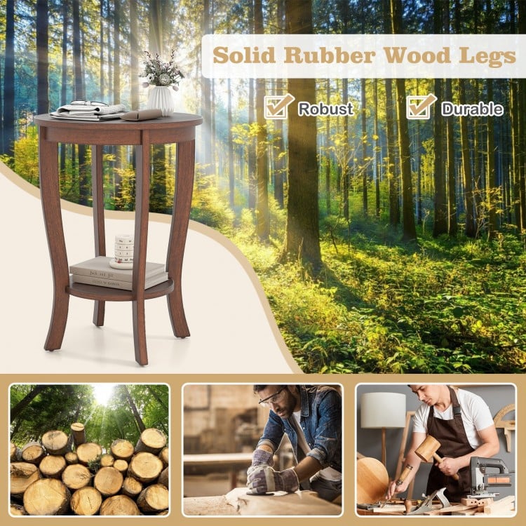 2-tier Round End Table with Solid Wood Legs-Brown