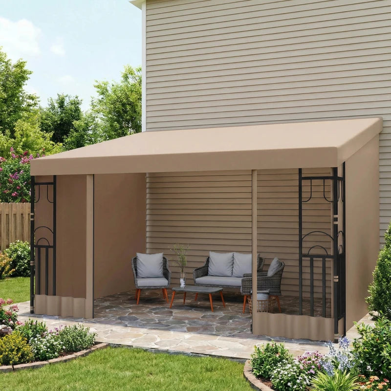 10' x 13' Wall Pergola, Outdoor Gazebo with 2 Curtains and 2 Nettings, UV Resistant, for Patio, Deck, Khaki