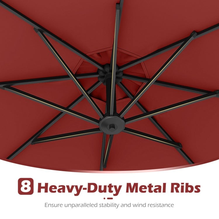10 Feet Solar Offset Hanging Umbrella with Base and 32 LED Lights-Wine