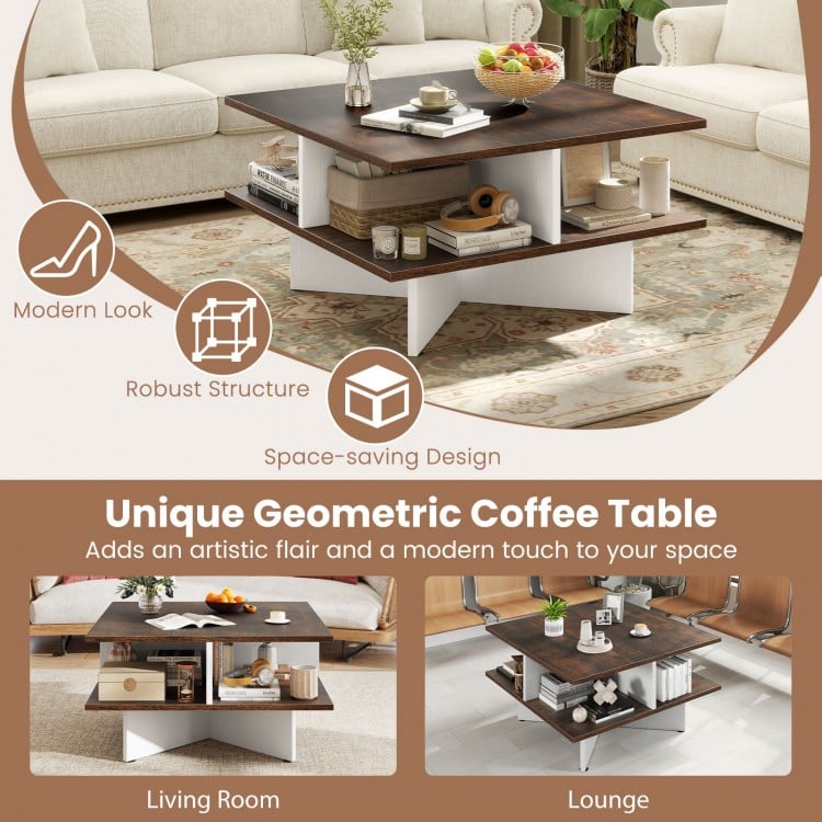 2-Tier Square Coffee Table with 4 Storage Compartments-Rustic Brown