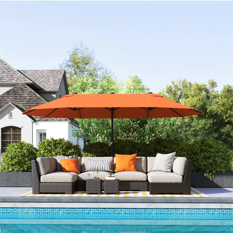 15' Outdoor Patio Umbrella with Twin Canopy Sunshade Steel Table Umbrella with Lift Crank Orange