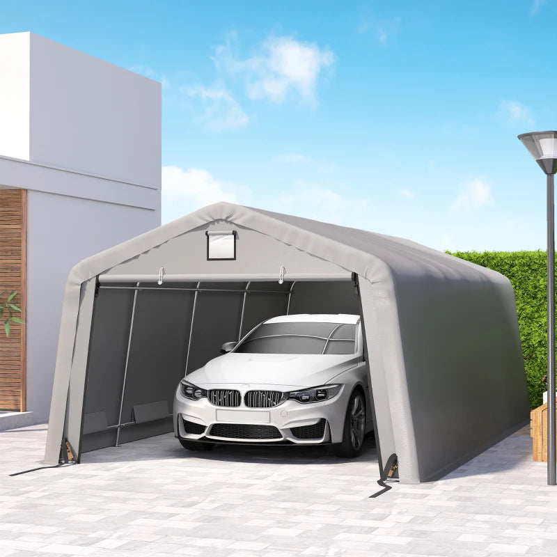 12' x 20' Portable Garage, Heavy Duty Carport Canopy with Ventilation Windows and Large Roll-up Door, Light Grey