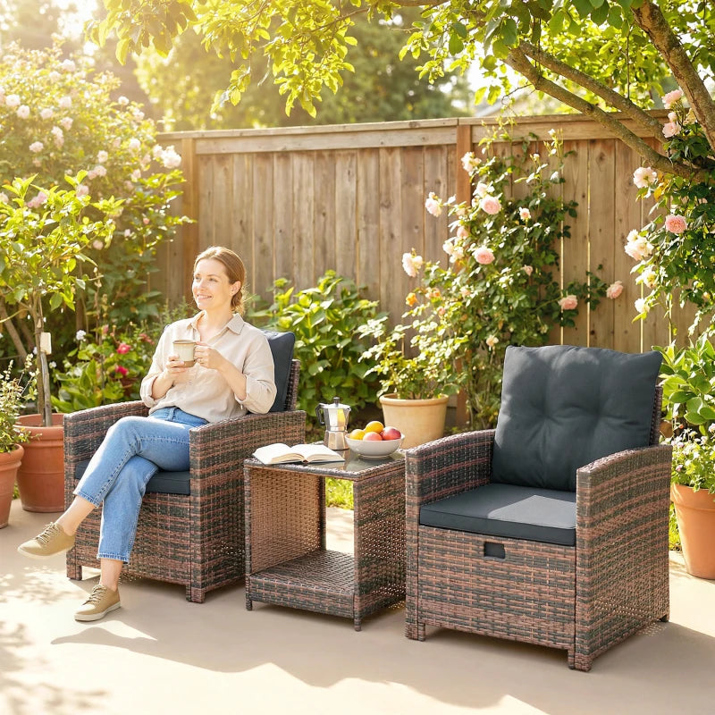 5 Piece Patio Furniture Set, Wicker Patio Chairs with Ottomans, 2-Tier Glass Coffee Table and Cushions, Brown/Dark Grey