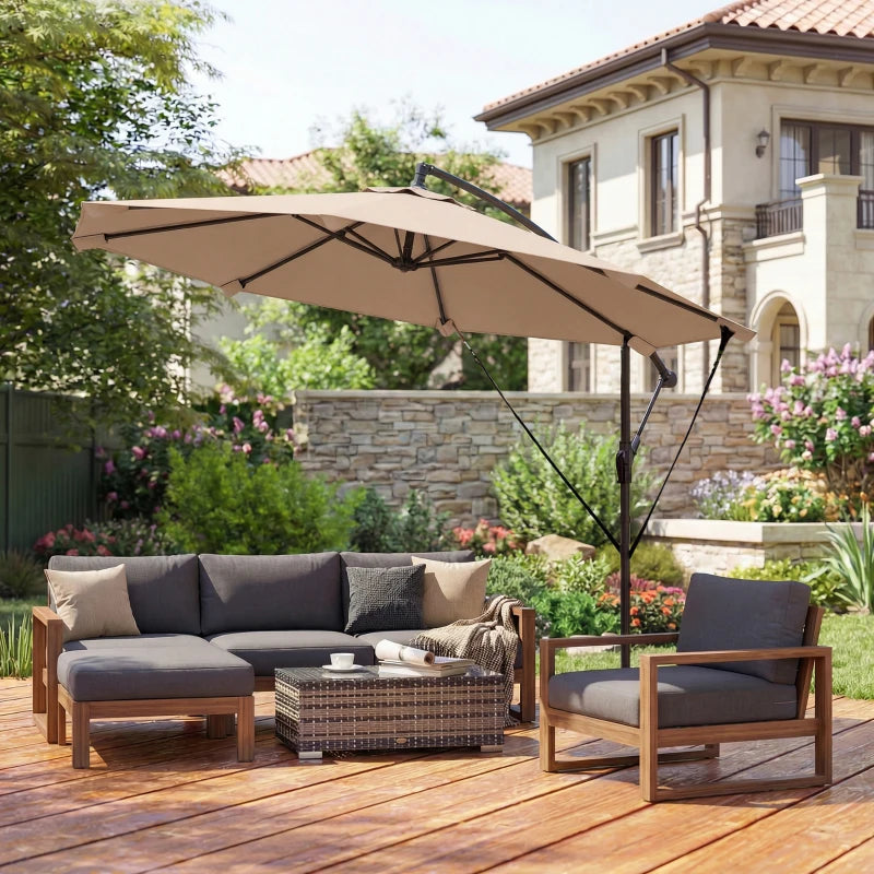 10FT Cantilever Patio Umbrella with 8 Ribs, Offset Patio Umbrella with Cover and Wind Ropes for Garden, Yard, Khaki