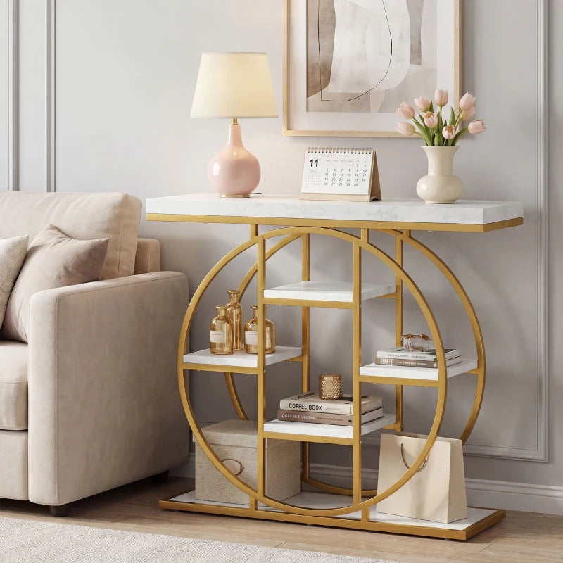 39.4" Console Table with Storage Shelves, Industrial Sofa Table for Living Room, Hallway, White Marble Effect