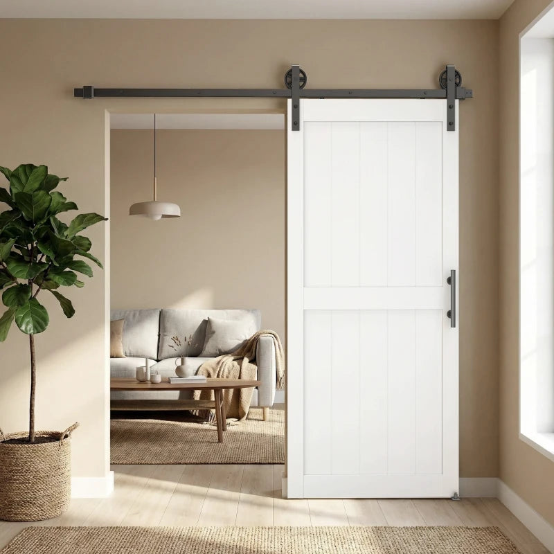 32inx84in Barn Door with 6FT Sliding Door Hardware Kit, Handle, Upgraded Rollers and Floor Guide, Waterproof, White