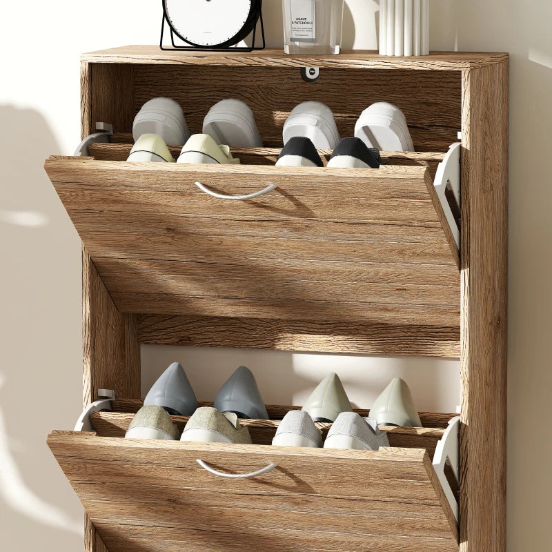Shoe Storage Cabinet with 3 Flip Drawers, Narrow and Slim, 12 Pair of Shoes Organizer for Hallway, Entryway, Oak