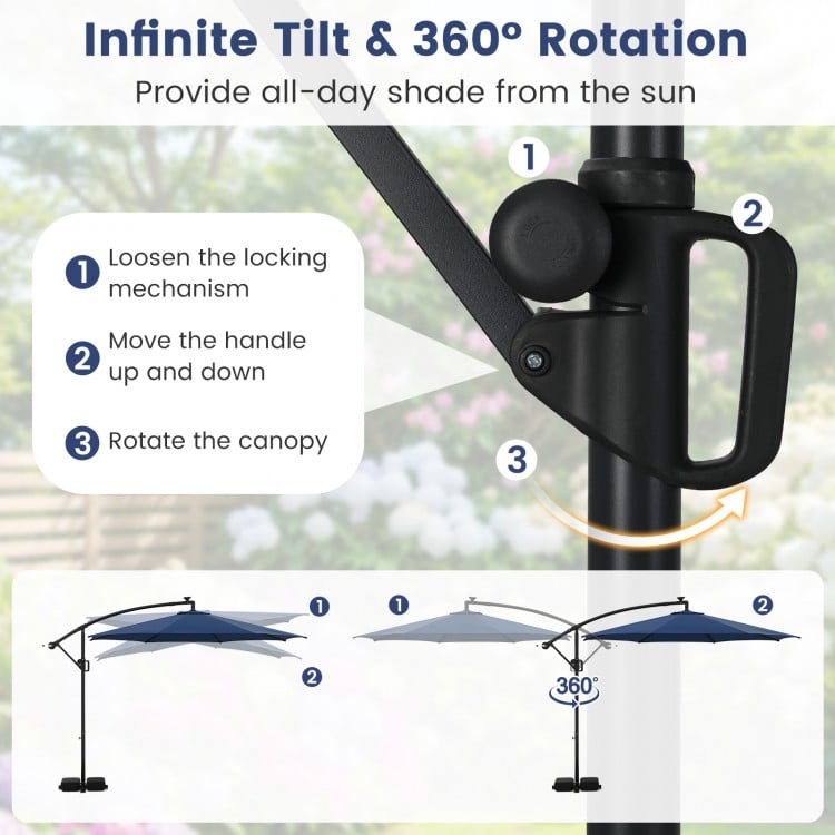 10 Feet Solar Offset Hanging Umbrella with Base and LED Lights-Navy