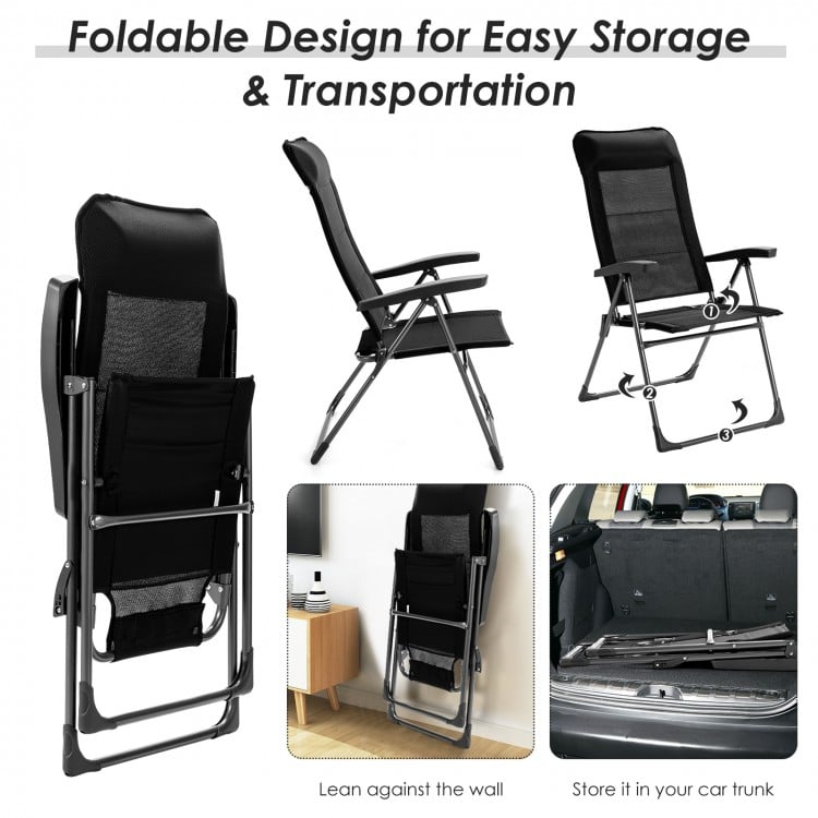 2 Pieces Portable Patio Folding Dining Chairs with Headrest Adjust for Camping -Black