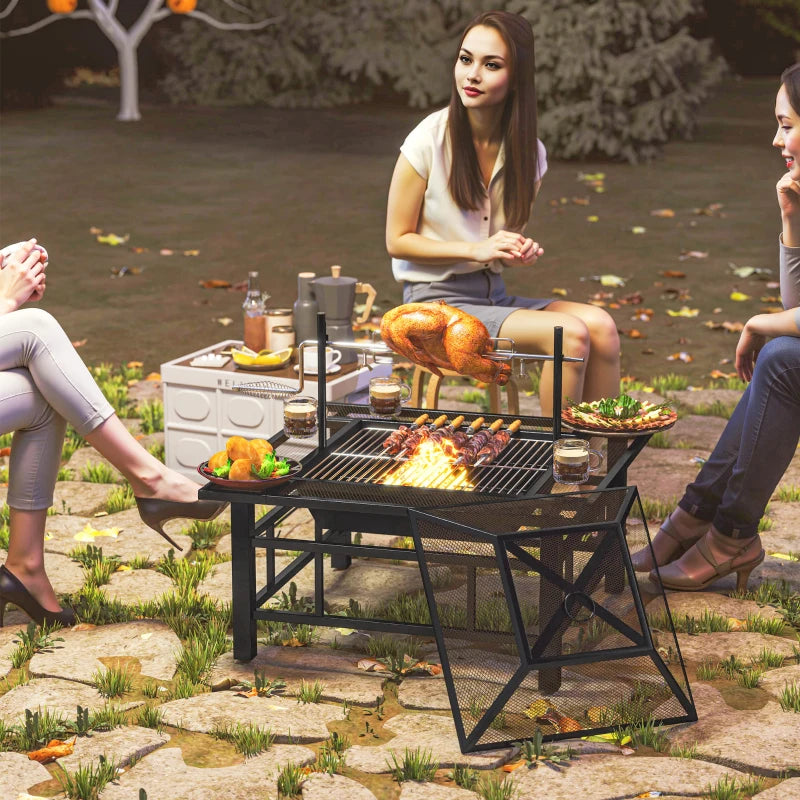 31.9" x 31.9" x 27.8" 2-in-1 Outdoor Fire Pit Firepit with BBQ Grill Grate, Wood Fire Pit with Adjustable Foot Pads, Outer Ledge, Poker, Mesh Lid for Backyard, Black