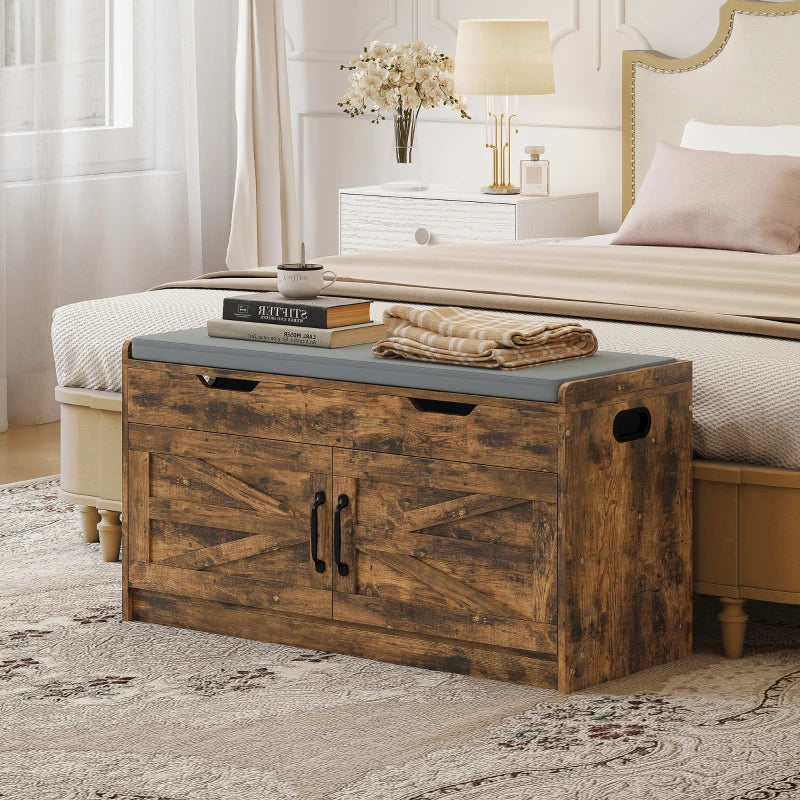 Shoe Storage Bench, Entryway Bench with 2-Tier Cabinet, Flip-Top Storage, Padded Cushion for Hallway, Rustic Brown