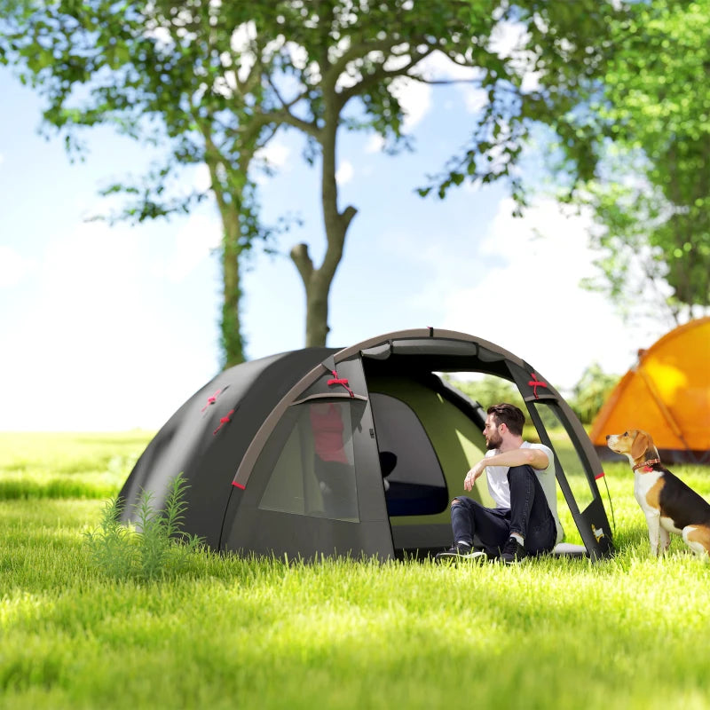 2-4 Man Camping Tent, 3000mm Waterproof Tunnel Tent with 2 Rooms, Sewn-in Groundsheet, 3 Doors and Hook
