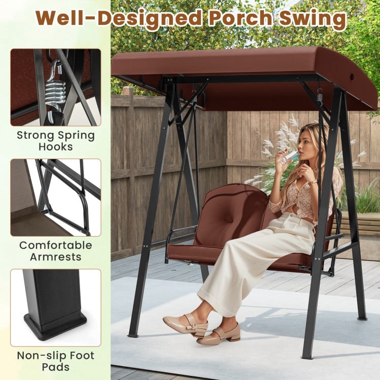 2-Person Outdoor Porch Swing with A-Shaped Metal Stand and Adjustable Canopy-Brown