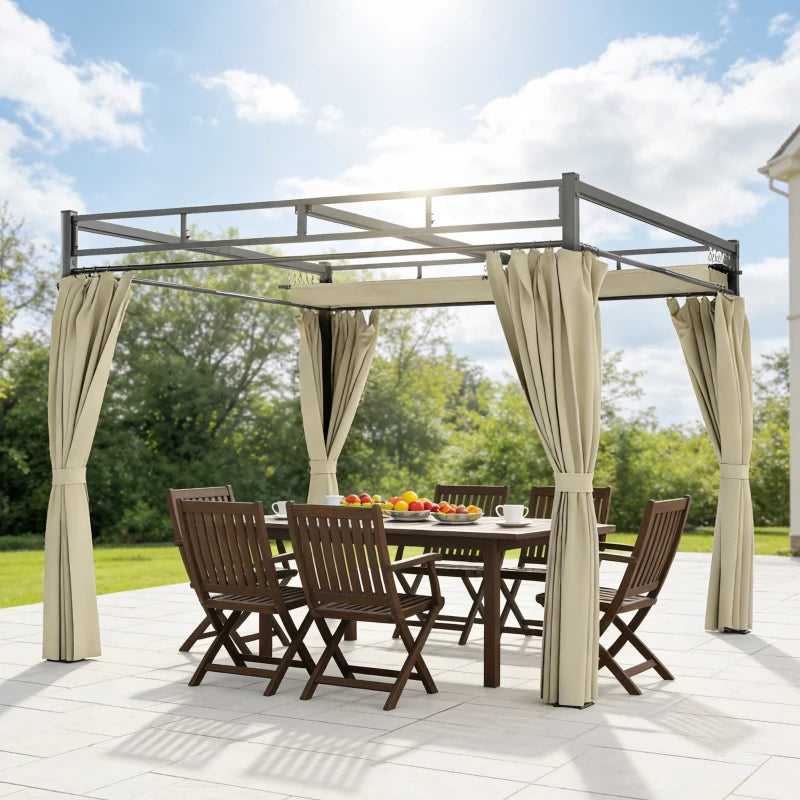 10' x 10' Outdoor Gazebo, Retractable Pergola Canopy with Curtains, UPF30+ Free Standing Metal Pergola Kit, Beige