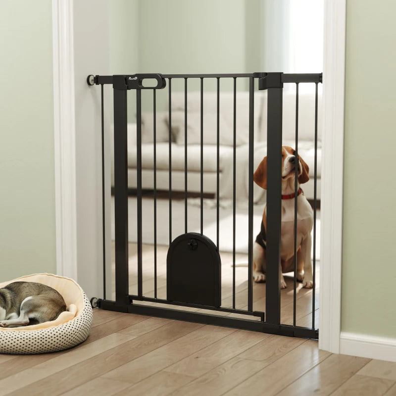 30"-41" Extra Wide Pet Gate Barrier with Small Door, 35"H Dog Gate with Safety Gate Barrier, Stair Pressure Fit, Black