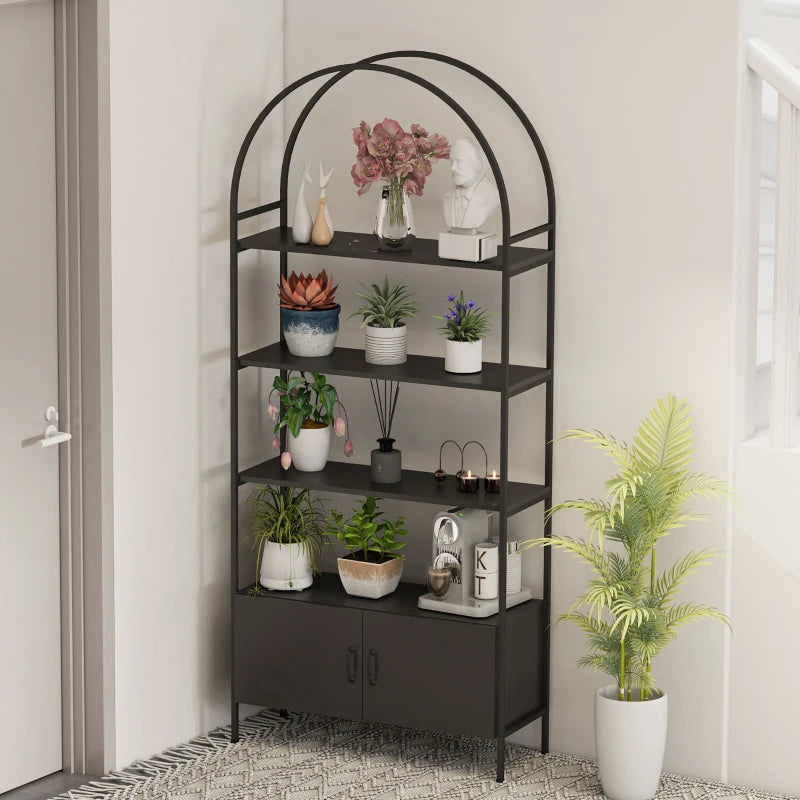 4-Tier Arched Shelving Unit with Cabinet, Bookshelf for Living Room, Office, 31.5" x 11.8" x 73.6", Black
