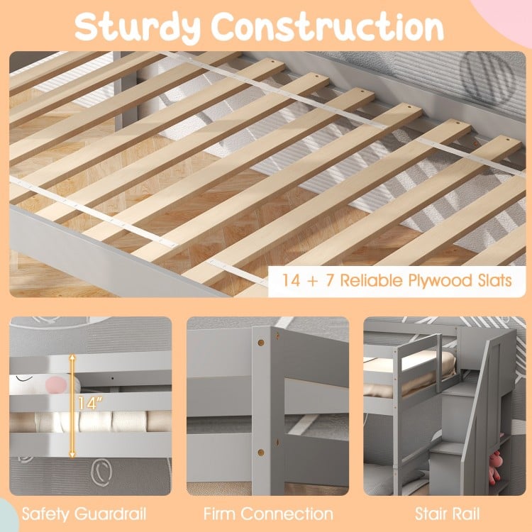 Home Wood Bunk Bed with Guard Rail and 4-step Storage Stairs No Box Spring Needed-Gray