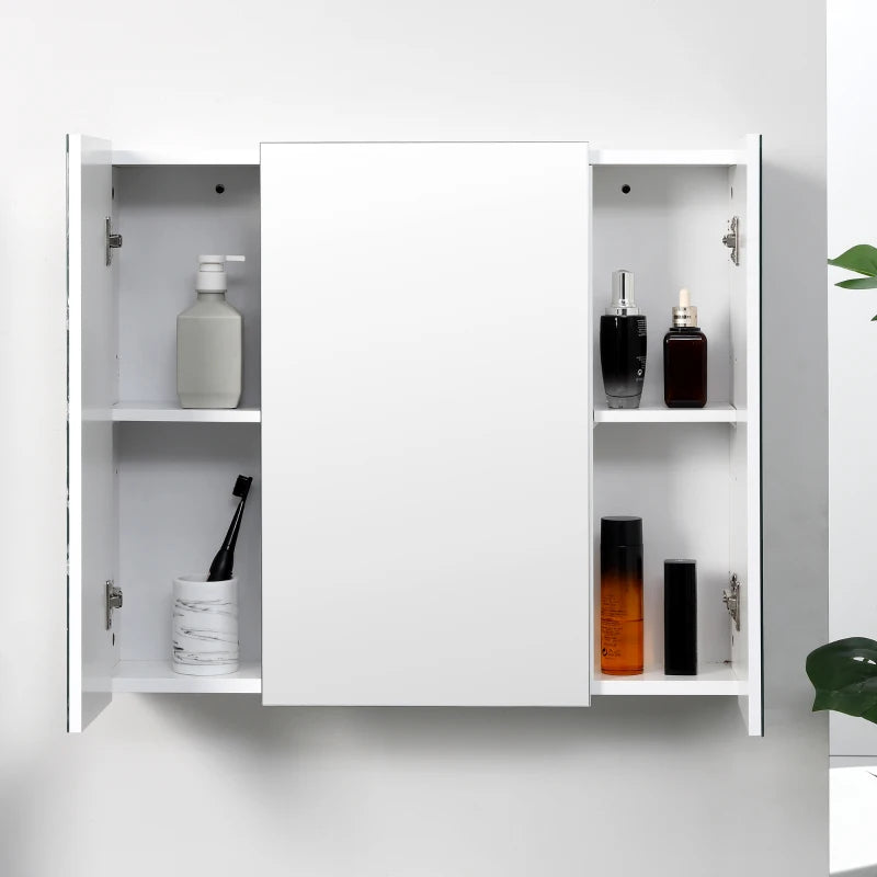 28" x 24" Wall Mounted Mirror Cabinet, Bathroom Medicine Cabinet with Mirror, 3 Doors and Adjustable Shelves, White