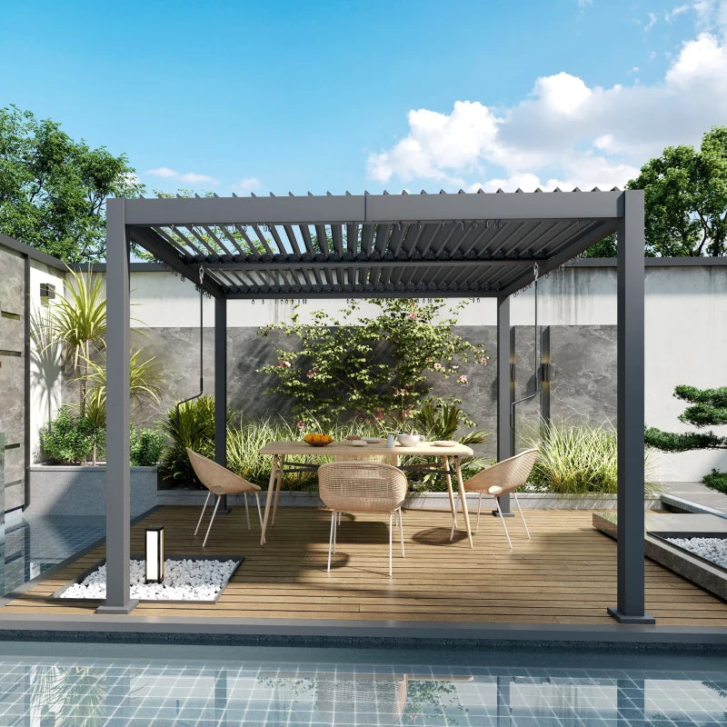 10' x 10' Louvered Pergola with Adjustable Metal Roof and Aluminum Frame, Outdoor Hardtop Gazebo with Drainage System