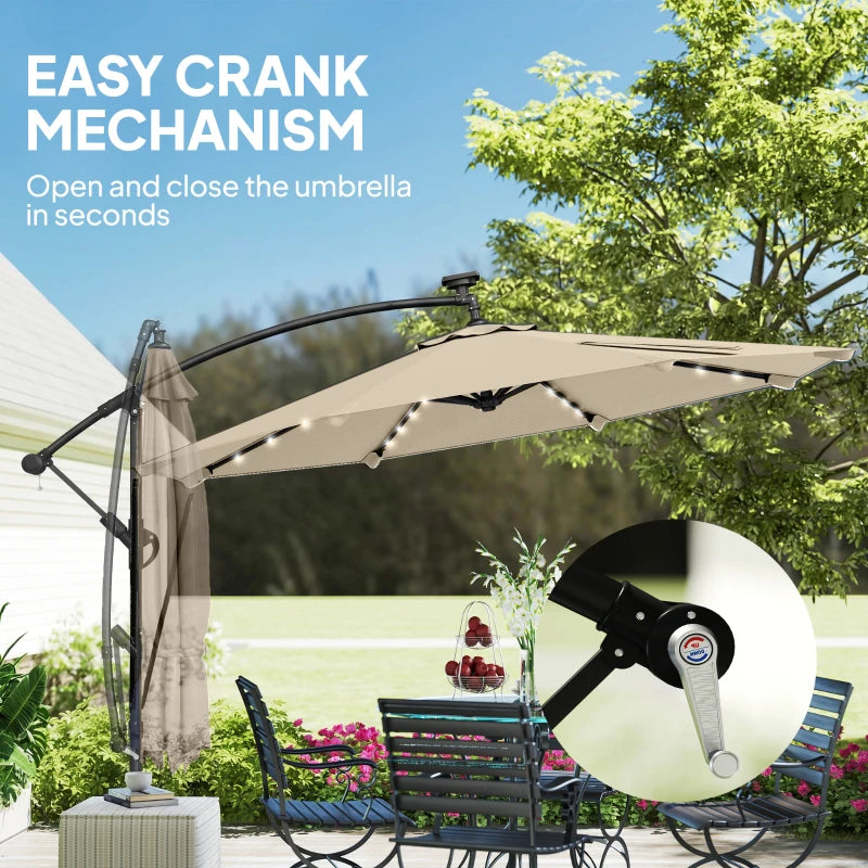 11.3 ft Cantilever Patio Umbrella with Light, Cover, Aluminium UPF50+ Offset Outdoor Umbrella Parasol, Khaki