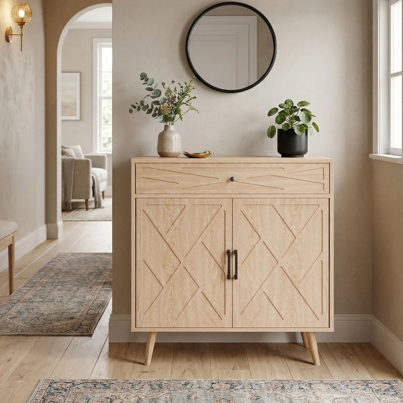 30" Sideboard with Patterned Doors, Buffet Cabinet with Drawer and Cabinet for Dining Room, Oak