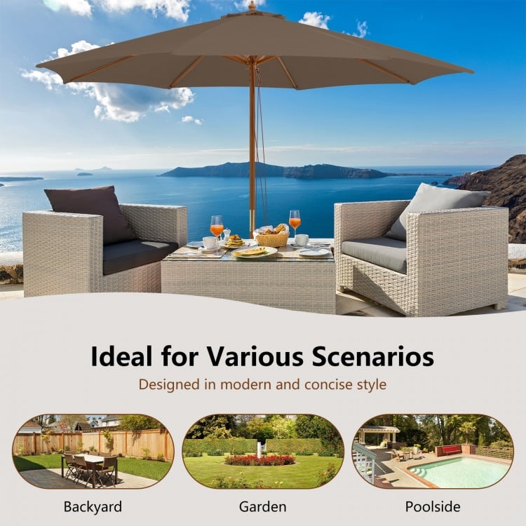 10 Feet Patio Umbrella with 8 Wooden Ribs and 3 Adjustable Heights-Brown