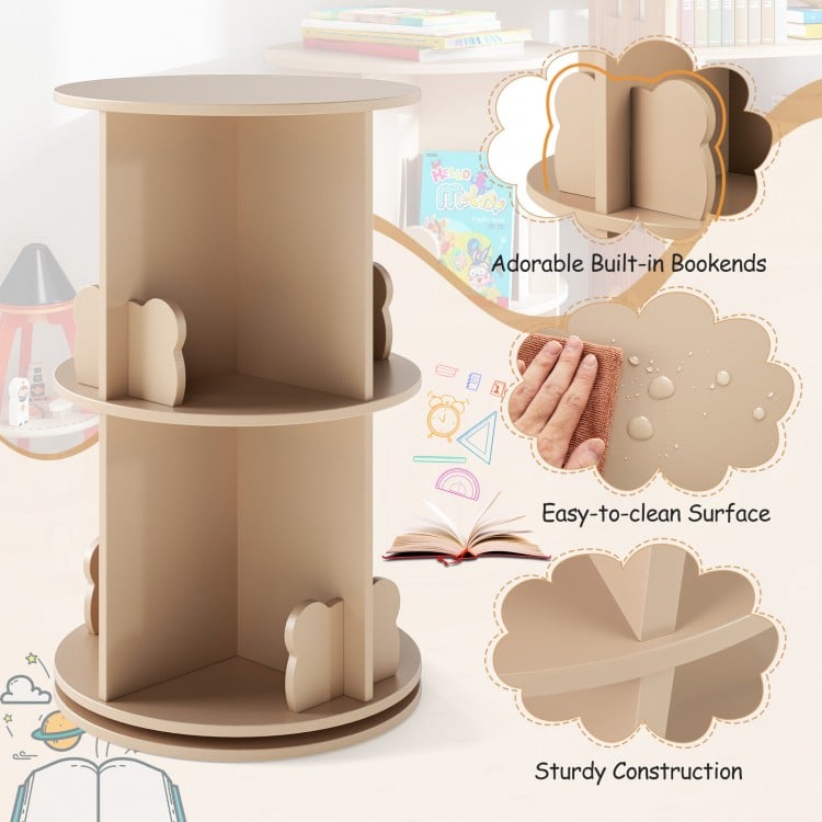 2 Tier Freestanding Kids Rotating Bookshelf Storage Rack with Bear Baffles-Natural