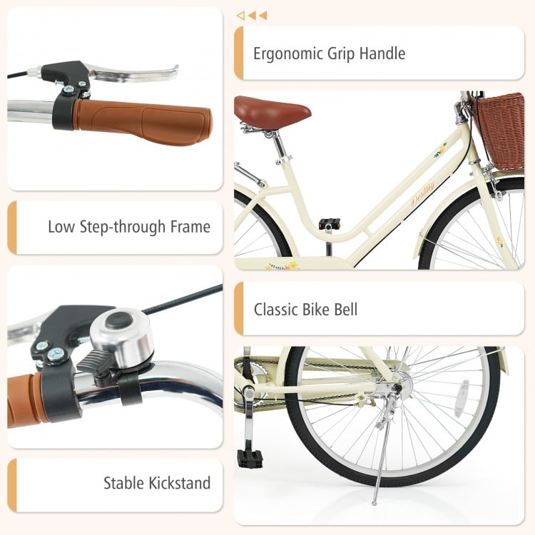 26 Inch Beach Cruiser Bike for Women with Woven Basket and Rear Rack - Beige