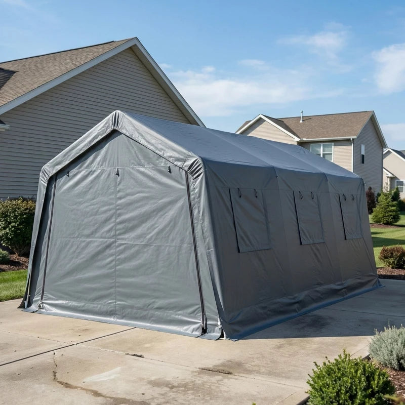 20 x 13 ft Carport, Portable Garage with Roll-Up Door and Windows, PE Canopy, Steel Frame, Dark Grey
