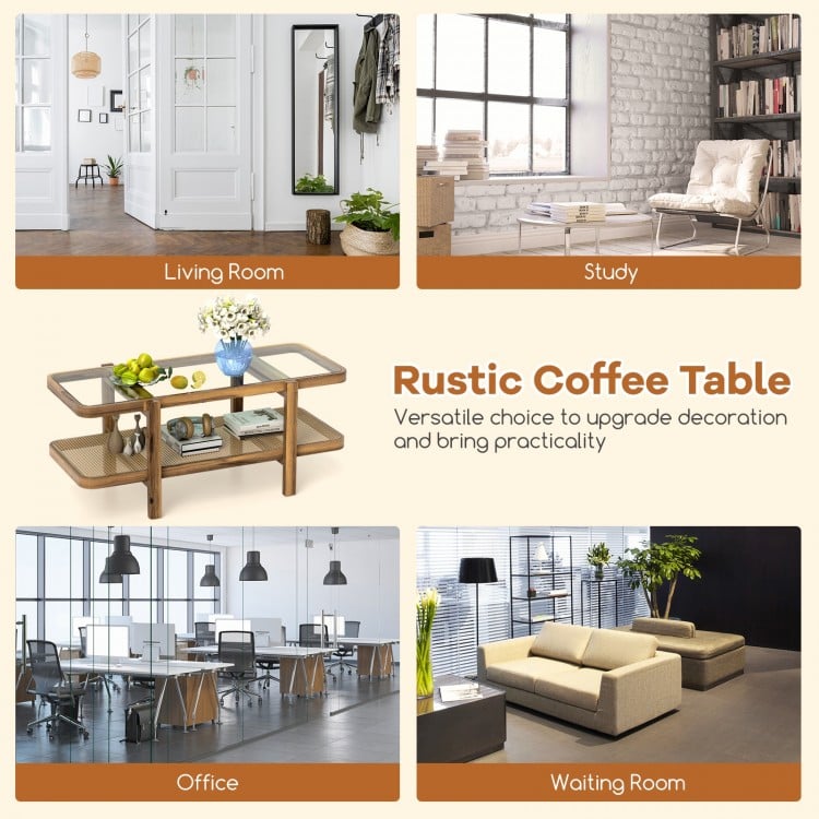 2-Tier Coffee Table with Storage and Tempered Glass Tabletop-Brown