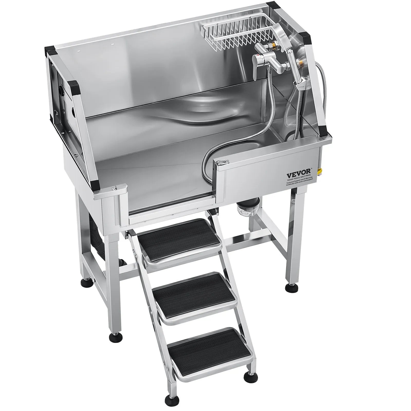 VEVOR 34" Dog Grooming Bath Tub Stainless Steel w Stairs Faucet Left Door