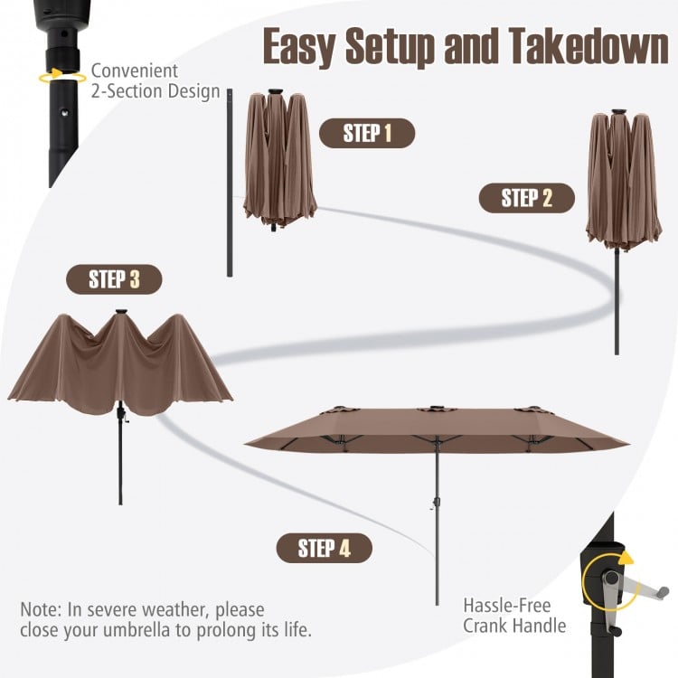 15.5 FT Extra-Large Patio Umbrella with LED Solar Lights and Crank Handle-Brown