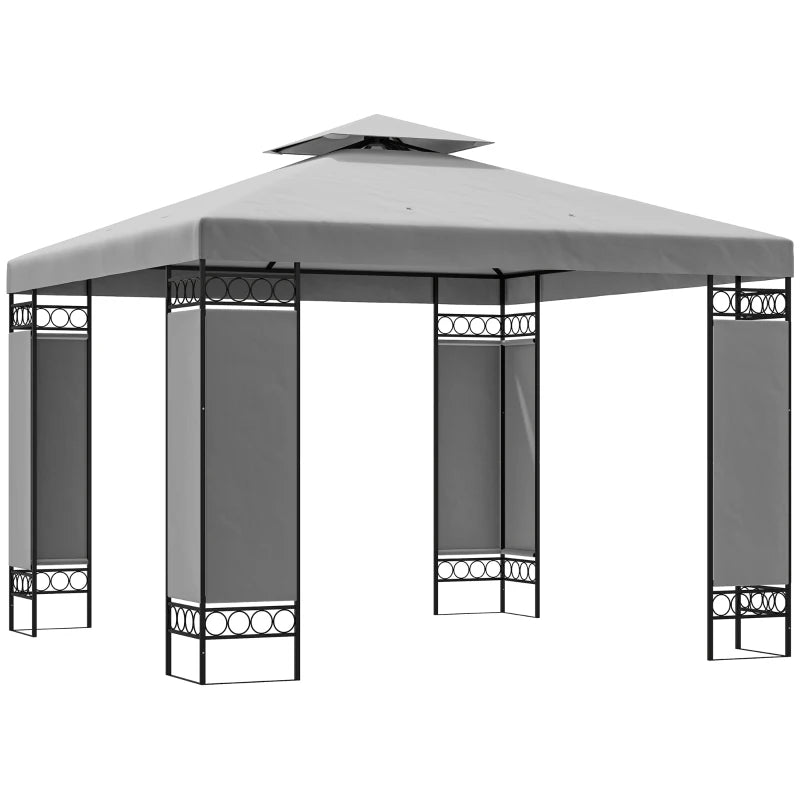 10 x 10 FT Canopy Gazebo, Double Roof Patio Gazebo with Screen Panels and Metal Frame for Deck, Backyard, Light Grey