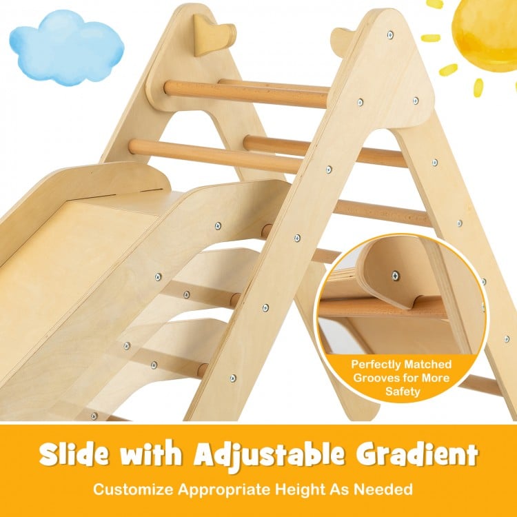 2-in-1 Wooden Triangle Climber Set with Gradient Adjustable Slide-Natural