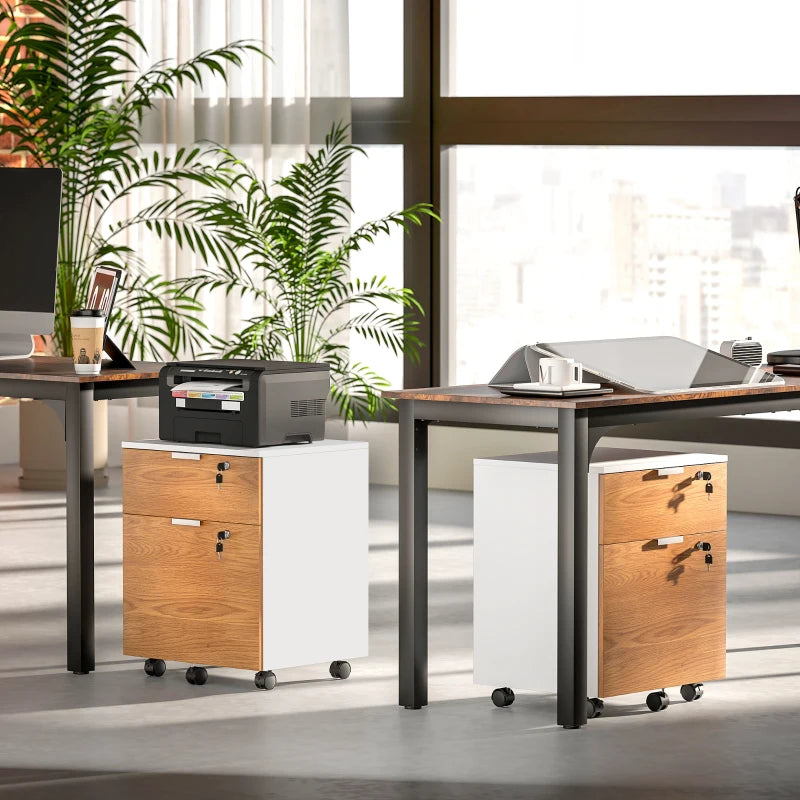 2 Drawer Small Filing Cabinet Lockable Office Storage Cabinet with Hanging Bars for A4 Legal Letter White Nature Wood