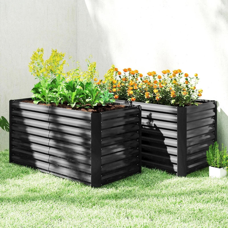 Set of 2 Galvanized Metal Planters for Outdoor Plants, 4' x 2' x 2' Raised Garden Bed, Black