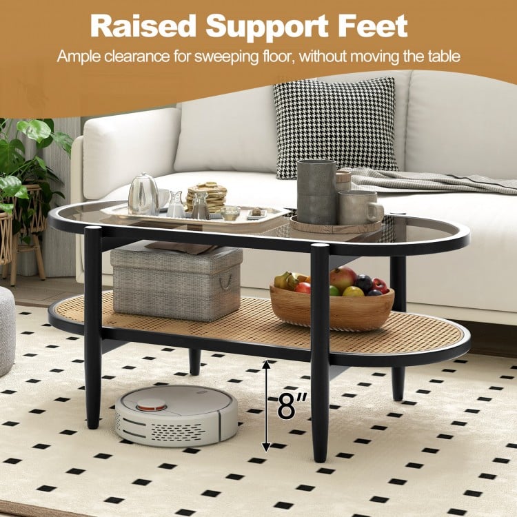 2-Tier Coffee Table with Tempered Glass Tabletop and Acacia Wood Frame-Black
