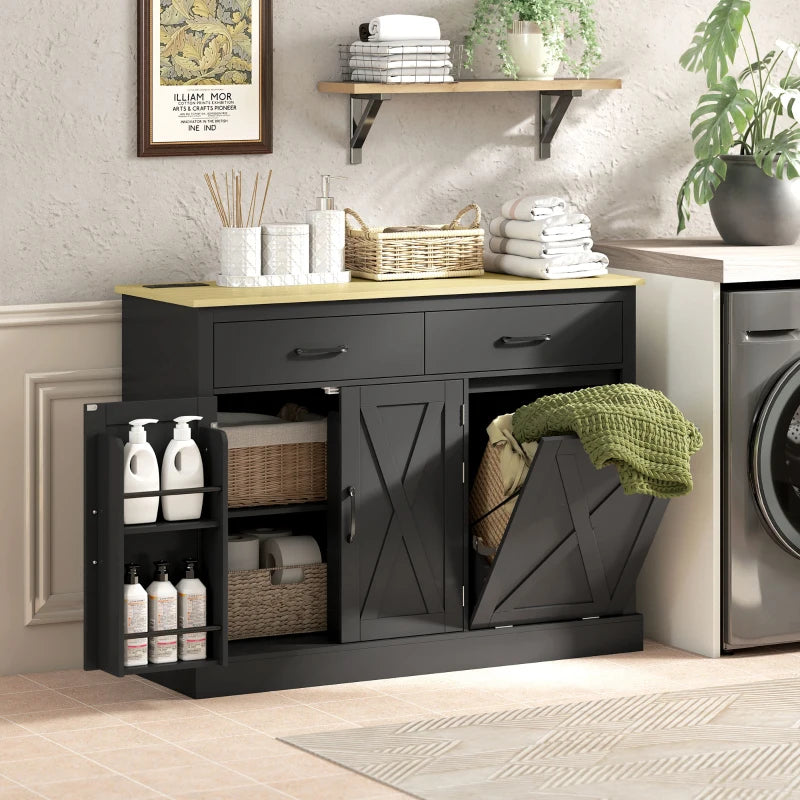 7 Gallon Tilt Out Garbage Cabinet, Kitchen Island with Charging Station, 2 Drawers, 4 Door Racks, Black